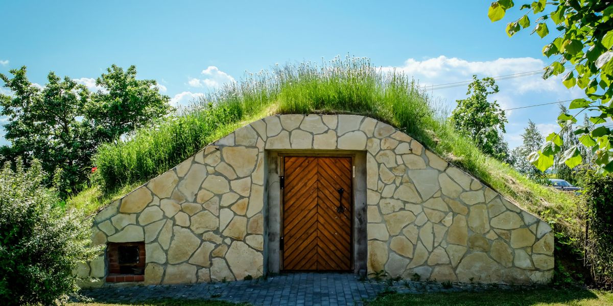 Ogrodowa piwnica z drewnianymi drzwiami.