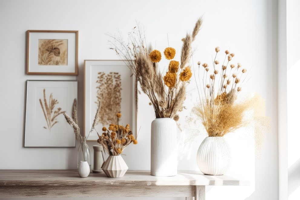 Suszone i sprasowane kwiaty w szkle i drewnianej ramce – pomysł na dekorację DIY.