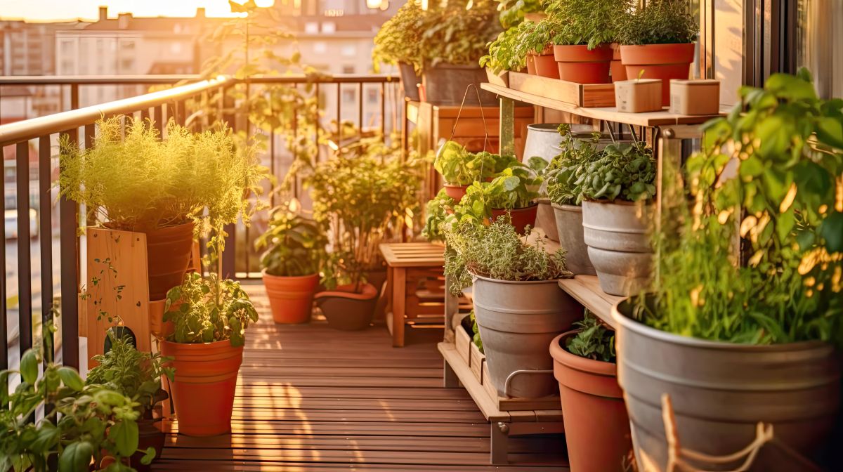 Domowa uprawa warzyw i ziół w pojemnikach na balkonie w bloku. 