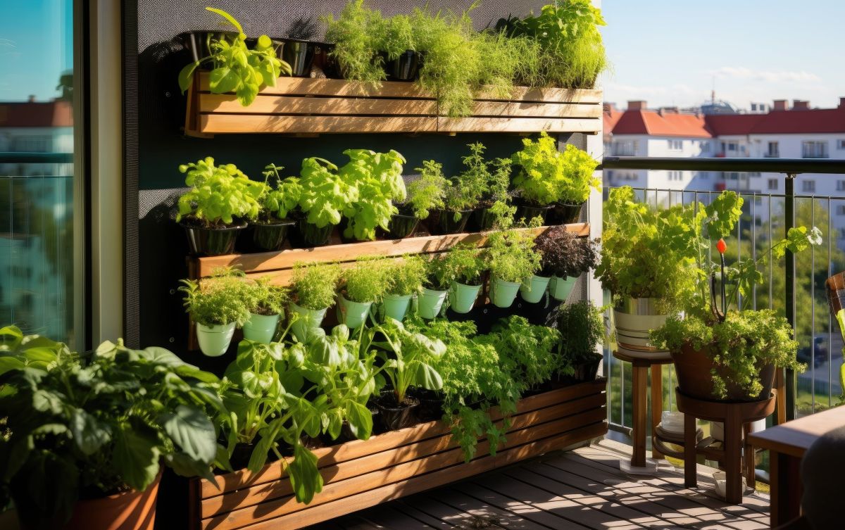 Pomysł na mały balkon w bloku – wertykalny warzywnik i ogródek ziołowy z drewnianymi donicami zabezpieczonymi środkami VIDARON, w tym Impregnatem Ochronno-Dekoracyjnym Ogrodowym VIDARON. 