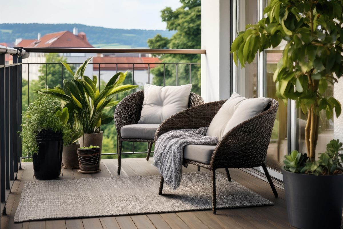 Mały balkon z roślinami doniczkowymi.